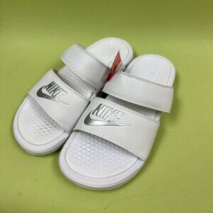 NWT Nike Benassi Duo Ultra White Metallic Silver Women's Sz7